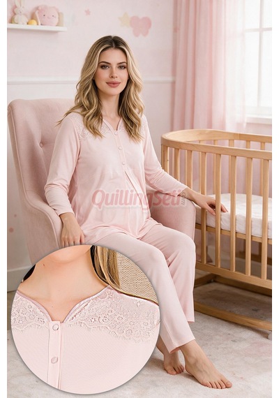 Lady Bebe Pembe Renkli Dantel Detaylı, 33201 Uzun Kol, 2 Parça Lohusa Hamile Pijama Takımı Açık Pembe