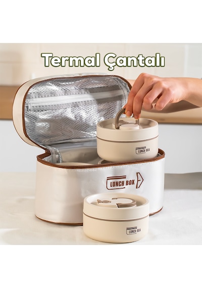 Porsima Bl25231 Isı Yalıtımlı Çanta Paslanmaz Çelik 4 Parça Vakumlu Yemek Termosu Beslenme Kutusu Taşınabilir Lunch Box Sefer Tası Krem
