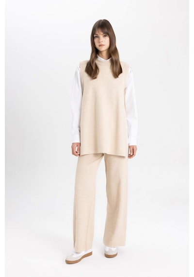 Defacto Triko Pantolon Straight Fit Geniş Bol Paça C2088AX24SPBG662 Bej