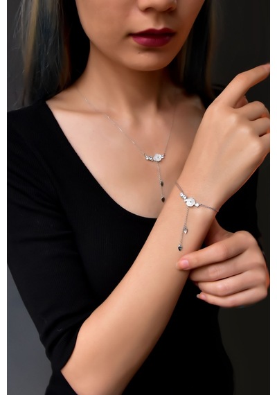 Papatya Silver 925 Ayar Gümüş Rodyum Kaplama Zincir Sallantılı Beyaz Taşlı Sedef Manolya Çiçeği Kolye-Bileklik Set