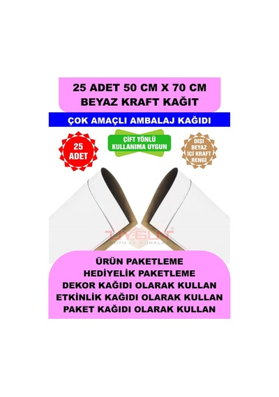 25 Adet 50cm X 70cm 120 Gr. Çift Yönlü Beyaz Kraft Ambalaj Kağıdı, Hediye Ürün Paketi, Oto Paspası, Çocuk Etkinlik