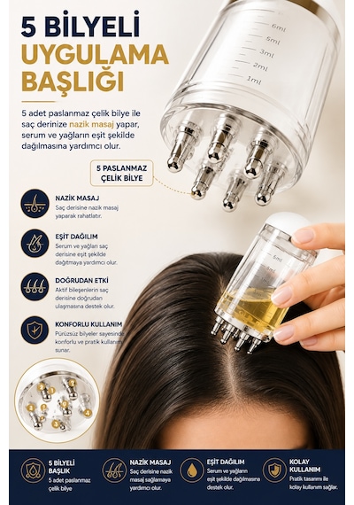 Saç Derisi Masaj Aleti 6 Ml Serum Yağ Uygulama Aplikatörü 5 Bilyeli Ölçekli Bakım Ve Uygulama Aparat Beyaz