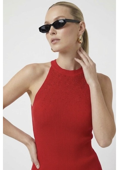 Neden Tekstil Kadın Taşlı Fitilli Halter Yaka Crop Bluz - Kırmızı