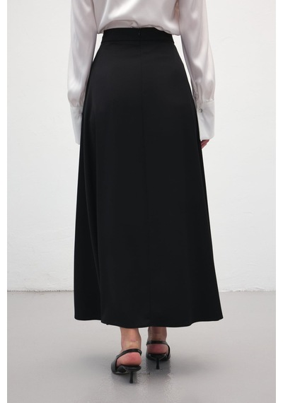Sateen Dantel Detaylı Saten Etek - Siyah-137170 Siyah