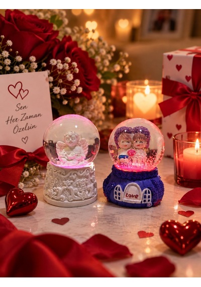2' Li Set Işıklı Kar Küresi 6,5 Cm Dekoratif Melek Ve Sevgililer Kar Küresi Sevgiliye Eşe Hediye