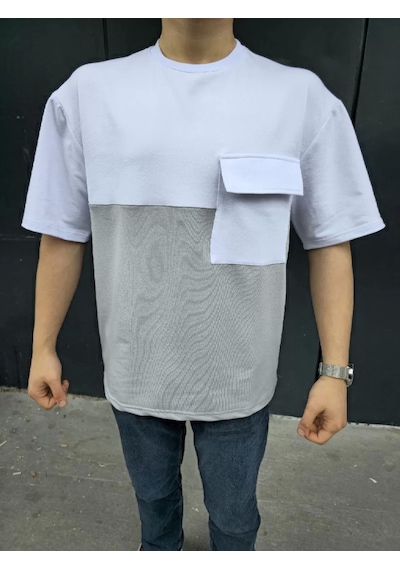 Unisex Torba Cep Detaylı Parçalı T-shirt - Gri Gri