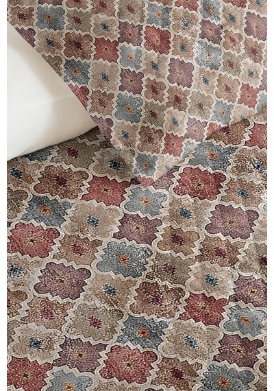 Bohem Geometrik Bej Tek Kişilik Pike Takımı - Mavi Gül Kurusu Otantik Yazlık Yatak Örtüsü 160x220 Cm Kırık Ufuk Çizgisi
