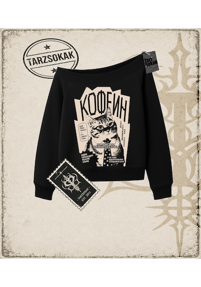 Tarzsokak Gotik & Grunge Streetwear Rus Cats Kayık Yaka Sweatshirt Siyah