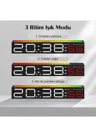 Techtic Geniş Ekran Dijital Masa Saati Ses Ritim Sensörlü Rgb Işık Tarih & Alarm Özellikli Modern Led Saat Siyah
