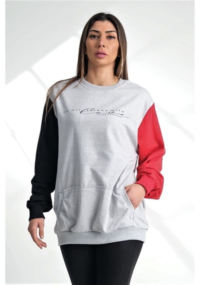 Genel Gri Kolları Garnili Kanguru Cepli Sweatshirt