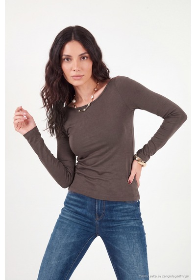 Lela Kayık Yaka Basic Uzun Kollu Bluz Kadın Bluz 5867061 Kahve