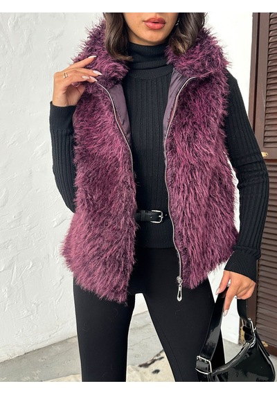 Verymoda Yapay Kürk Kadın Yelek Fermuarlı, Yumuşak Dokulu I Vmf2046 Mürdüm