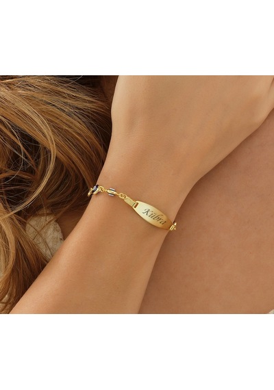 Queen Silver Jewelry 925 Ayar Gümüş Lacivert Göz Boncuklu Çocuk Künye İsim Yazılı Altın