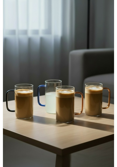 4 Kişilik Geometrik Tasarım Cam Çay Kupa Takımı 380 Ml Beyaz