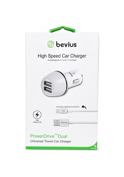 Lightning Beyaz 15w Çift Usb Kablolu Araç Şarj Cihazı Bevius Bvs-au516
