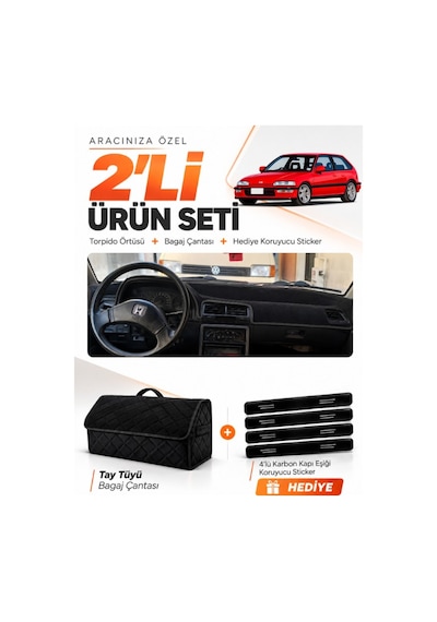 Honda Cıvıc Ef 1988-1991 Uyumlu Torpido Örtüsü + Tay Tüyü Bagaj Çantası + Sticker Seti - Siyah