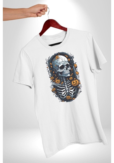 Cadılar Bayramı Kuru Kafa Unisex Unisex Beyaz Organik Baskılı T-shirt Penye Yüksek Kalite Beyaz