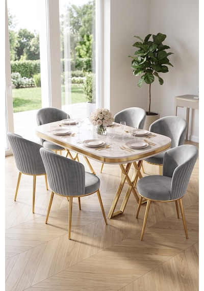 Nisare Serisi 90x168 Lak Panel Beyaz Mermer Desen Masa Takımı Gold Ayaklı 6 Sandalye Beyaz Mermer Desen Masa Gri Sandalye Gold Ayak Nisare Serisi 90x168 Lak Panel Beyaz Mermer Desen Masa Takımı Gold Ayaklı 6 Sandalye Beyaz Mermer Desen Masa Gri Sandalye Gold Ayak