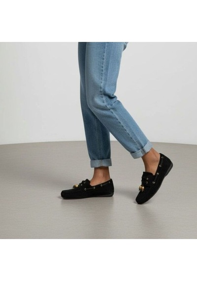 Ne&ve Shoes Siyah Süet Hakiki Deri Boncuklu Makosen Kadın Kolej Loafer