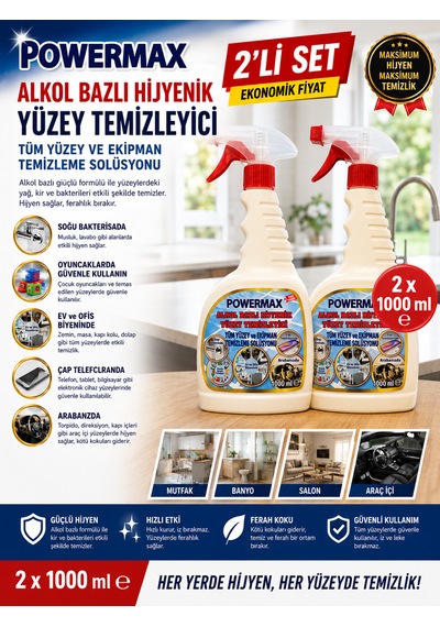 Powermax Alkol Bazlı Hijyenik Yüzey Temizleyici 1000 Ml X2 Set Çok Amaçlı Yüzey Temizleyici