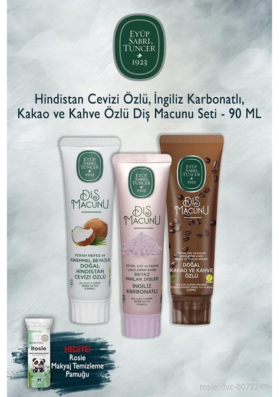 Eyüp Sabri Tuncer 90 Ml 3'lü Hindistan Cevizi, Karbonat, Kakao Diş Macunu, Rosie Beyazlık