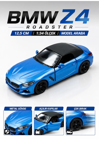 Oyuncak Bmw Z4 Diecast Açılır Kapılı Çek Bırak Metal Roadster Cabrio Model Spor Araba 1:34 Ölçek 12,5 Cm Mavi