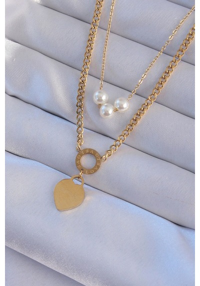 316l Çelik Gold Renk Çift Zincir İnci Detayı Love Kolye Çok REnkli