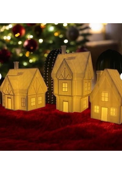 Metadesing Noel Evi Tealight Mumluk Seti, Yılbaşı Süsü, Pla Organik Plastik, Beyaz, 10x6x7 Cm Ve 8x8x9 Cm, 3 Parç Çok Renkli