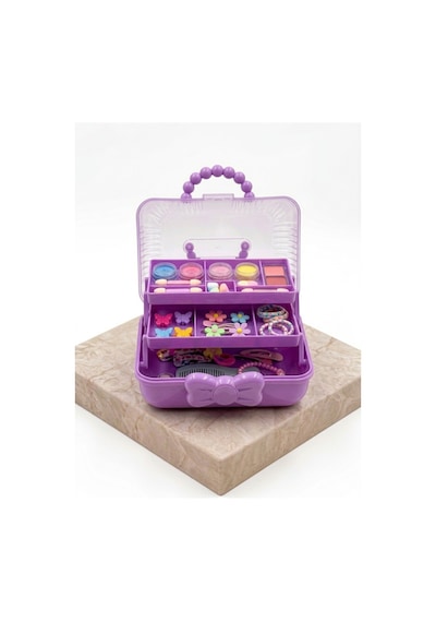 Çocuk Takı Ve Toka Organizeri Otomatik Açılır Katlı Düzenleyici Kutu 27x15x15 Cm Pembe Taşınabilir Çok Bölmeli Saklama Çantası Mor