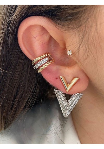 Pinery Jewels Vıp Seri - 3 Sıra Altın Gümüş Renk Kadın Earcuff Kıkırdak Küpe Altın