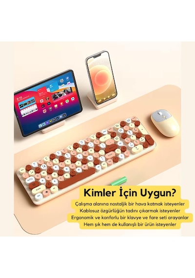 Polham 2.4ghz Kablosuz Retro Klavye Ve Mouse Seti, Tak Çalıştır Tüm Cihazlara Uyumlu Klavye Mouse Seti Lazer