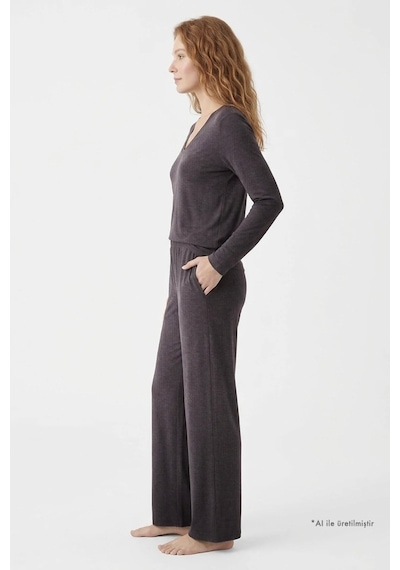 Cottonill Premium - Serene Collection Vizon Rib Dokulu Bol Paça V Yaka Viskon Kadın Pijama Takımı