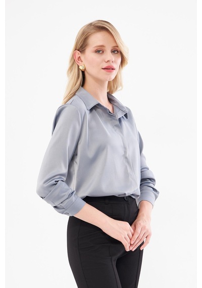 Lovelf Klasik Saten Gömlek Gri Gri