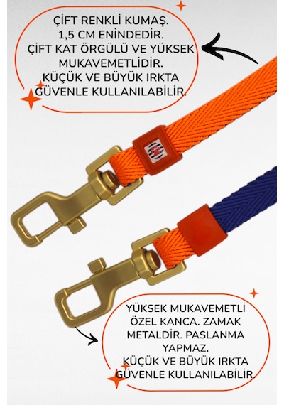 Caramelos İkili Çift Köpek Gezdirme Tasması Ve Sevk Kayışı Set Ayarlanabilir Mavi - Turuncu