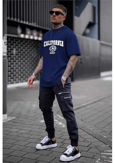 Hırsch Unisex Lacivert California Baskılı Oversize T-shirt Lacivert