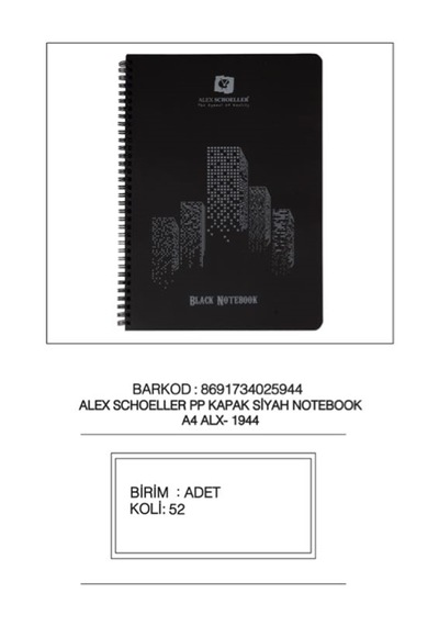 Alex A4 60 Yp Spr Pp Kapak Siyah Defter Alx-1944 Çeşitli Renk Ve Desen