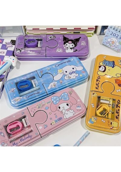Kawaii Sanrio My Melody Metal Kalem Kutusu Kırtasiye Seti Cinnamoroll Kuromi Kalemlik Hediye Seti Pembe