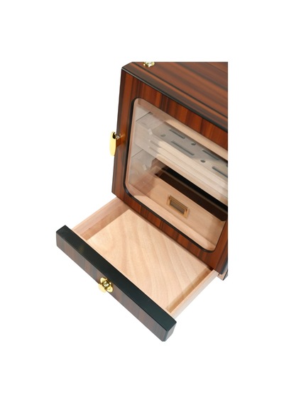 Premiumquality Las Condes Aksesuar Çekmeceli İçi Ledli Kahverengi Sedir Humidor Puro Kutusu - Tr9826