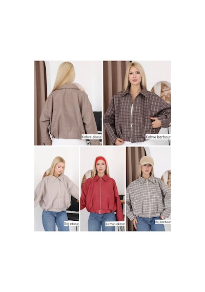 Moda Banuş Ekose Pile Detay Bomber Mevsimlik Ceket-oversıze Kırmızı