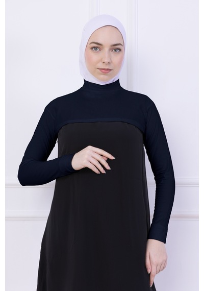 Loggia Balıkçı Yaka Boyunluklu Kolluk Lacivert - Likralı Dik Yakalı Kadın Body Tesettür Crop Bolero Lacivert