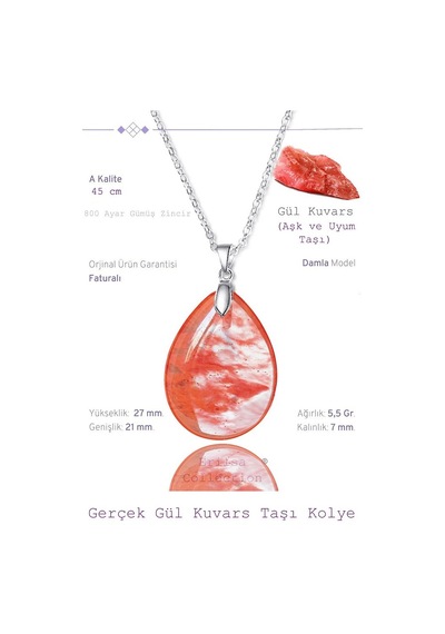 Sertifikalı Damla Model Gül Kuvars Taşı Kolye Gümüş Aparatlı Çok Renkli