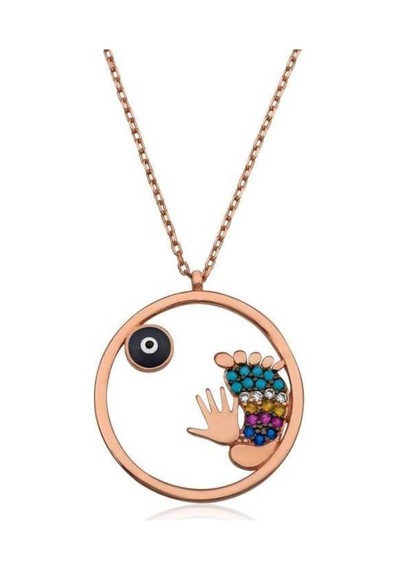 Gumush Gümüş Rose Gold Nazarlı El ve Ayak İzi Kadın Kolye