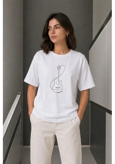 Yake Store Minimal Gitar Baskılı Tişört T-shirt Yazlık Kısa Kol Bisiklet Yaka T-shirt - Beyaz - Beyaz