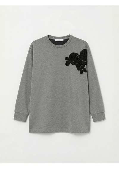Lcwaıkıkı Classic Antrasit Çiçek Aplikeli Oversize Kadın Sweatshirt Tunik