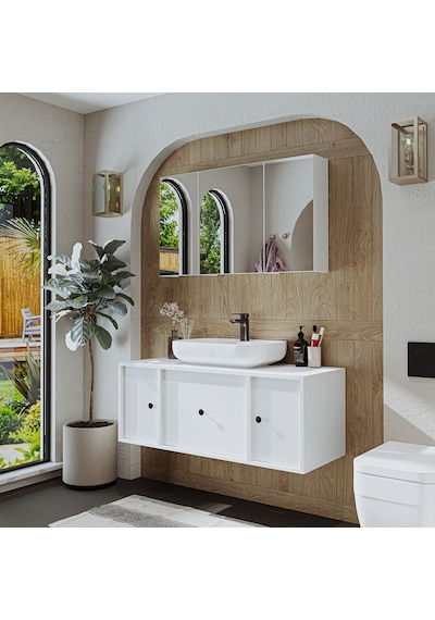 Lavabolu Mdf 120 Cm Çekmeceli Banyo Dolabı + Aynalı Dolap Beyaz Mat Beyaz