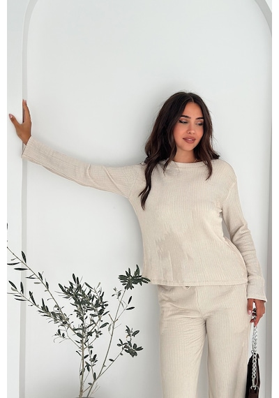 Noa & Noa Kadın Ribana Fitilli Triko Takım Rahat Kesim & Günlük Stil Ekru