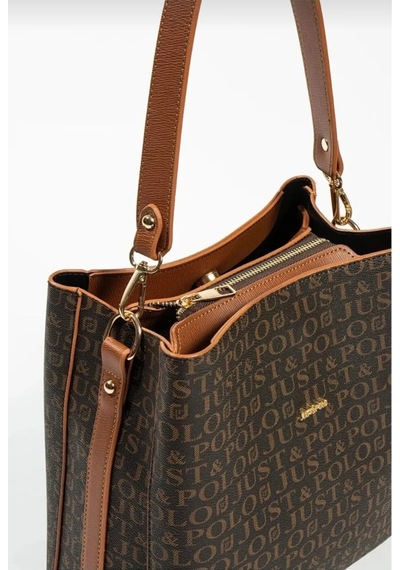 Just Polo Kadın Monogram Baskılı El Ve Omuz Çantası Ebat 25 X 25 Kahve Taba