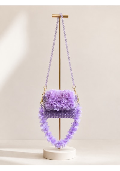 Luti Design Lila Çiçekli Boncuklu Mini Çanta El Yapımı Omuz Çantası Lila - Mor