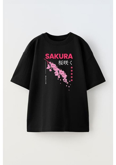 Thewert Unisex Sakura Cherry Blossom Haiku Tasarım Baskılı Pamuk Sıyah Oversize T-shirt Siyah