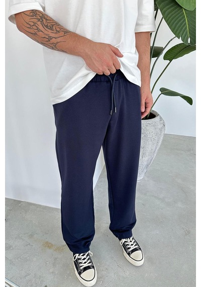 Lacivert Beli Lastik Detay Gabardin Baggy Pantolon Lacivert